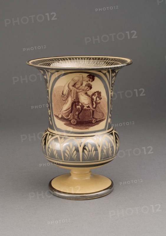 Vase, c. 1820, England, Leeds, With Transfer Decoration after Adam Buck, Irish, 1759-1833, Leeds, Earthenware with silver lustre decoration, monochrome brown, and yellow ground, H. 14 cm (5 1/2 in.)