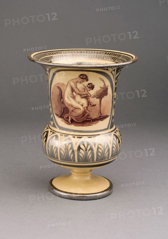 Vase, c. 1820, England, Leeds, With Transfer Decoration after Adam Buck, Irish, 1759-1833, Leeds, Earthenware with silver lustre decoration, monochrome brown, and yellow ground, H. 14 cm (5 1/2 in.)