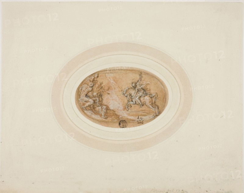 Marcus Curtius Leaping into the Abyss, 1555/63, Francesco de’Rossi, called Salviati, Italian, 1510-1563, Italy, Pen and brown ink with brush and brown wash, heightened with white gouache, with traces of black chalk, on oval-shaped tan laid paper, edge mounted on tan wove paper, laid down on ivory wove card, 64 x 107 mm (max.)