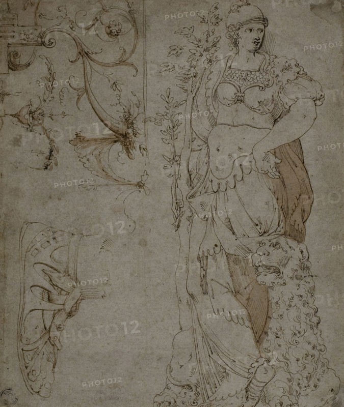 Three Sketches: Fortitude, a Sandal, and Grotesques (recto), Sketches of Grotesques, and Roman Cuirass (verso), 1560s, Italian, Mid-16th century, Italy, Pen and brown ink with brush and brown wash, on buff laid paper, 226 x 190 mm