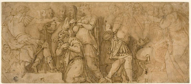 Family of Darius before Alexander, Prisoners before a Senator, late 16th century, After Polidoro Caldara, called Polidoro da Caravaggio, Italian, c. 1499-c. 1543, Italy, Pen and brown ink, with brush and brown wash, over traces of black chalk, on buff laid paper, laid down on tan laid paper, 167 x 383 mm