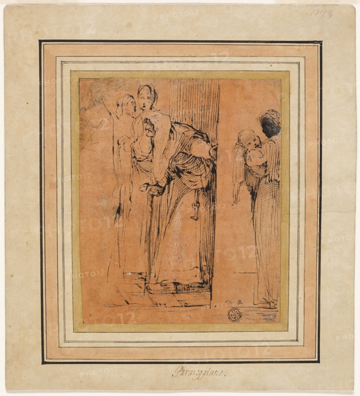 Old Woman with Cane in Door, with Black Maid Holding Child, and Other Figures, c. 1580, Follower of Francesco Mazzola, called Parmigianino, Italian, 1503-1540, Italy, Pen and brown ink, heightened with lead white (partly oxidized), on cream laid paper prepared with salmon wash, laid down on ivory laid card, 175 x 143 mm (max.)