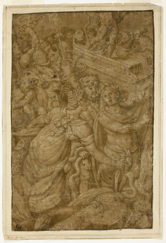 Cupid in Triumphal Chariot, Accompanied by Gods and Goddesses, n.d., Follower of Giulio Pippi, called Giulio Romano, Italian, c. 1499-1546, Italy, Pen and brown ink with brush and brown wash, heightened with lead white (partly oxidized), on tan laid paper, tipped onto ivory laid paper, 398 x 258 mm