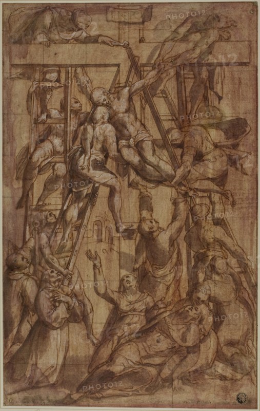 Deposition, with Saint Francis of Assisi and Another Male Saint (Stephen?), c. 1576, Attributed to Simone De Magistris, Italian, 1538-c. 1611, Italy, Pen and brown ink with brush and brown and red wash, heightened with white gouache, on cream laid paper, squared in black chalk, laid down on ivory board, 372 x 234 mm