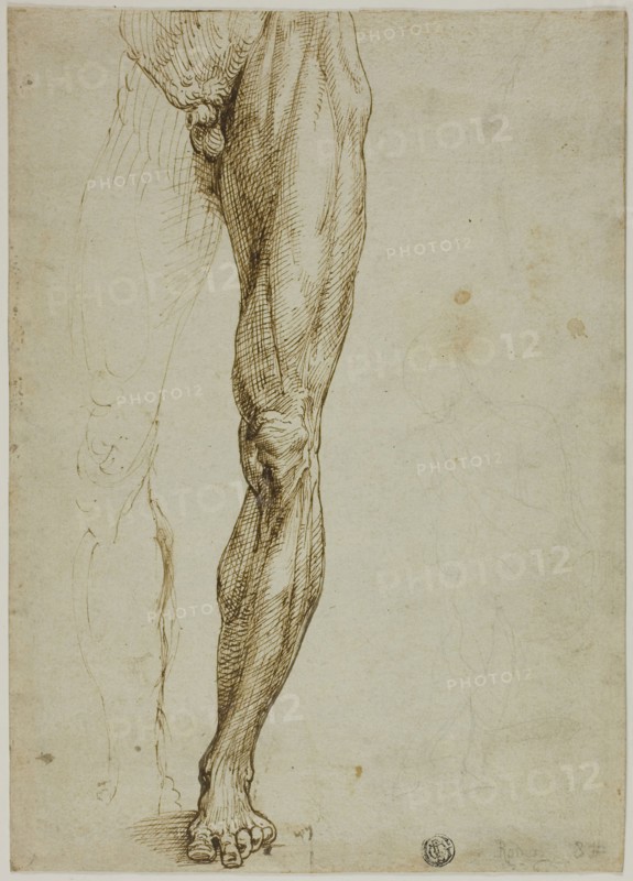 Male Figure Study, with Slight Sketch of Seated Figure, 1540/50, Follower of Michelangelo Buonarroti, Italian, 1475-1564, Italy, Pen and brown ink, with traces of black chalk, on ivory laid paper, 269 x 191 mm (max.)