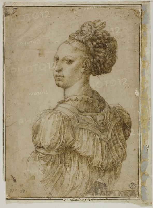 Ideal Bust of a Woman, n.d., Attributed to Bartolomeo Passarotti, Italian, 1529-1592, Italy, Pen and brown ink with graphite on tan laid paper, laid down on cream laid paper, 288 x 202 mm