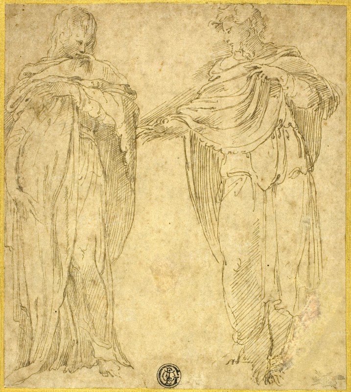 Two Standing Draped Figures (Saint John and the Magdalene?), 1540/60, Attributed to Battista Franco, called Il Semolei (Italian, c. 1510-1561), or after Parmigianino (Italian, 1503-1540), Italy, Pen and brown ink on brown laid paper, laid down on cream laid card, 163 x 145 mm