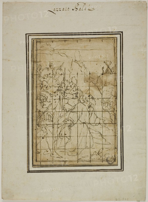 Saint Andrew Led to Martyrdom, n.d., Attributed to Niccolò Circignani, called Il Pomarancio, Italian, 1517/24-after 1597, Italy, Pen and brown ink over black chalk, on tan laid paper, squared in pen and brown ink, laid down on ivory laid paper, 144 x 96 mm