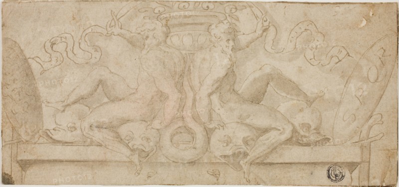 Design for Overdoor: Two Ignudi with Dolphins and Shields, n.d., Circle of Francesco de’Rossi, called Salviati, Italian, 1510-1563, Italy, Pen and brown ink with brush and brown wash and traces of red chalk, on cream laid paper, laid down on ivory laid paper, 103 x 331 mm