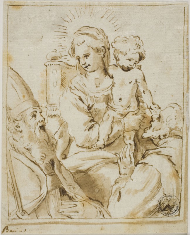 Madonna and Child with Two Male Saints, n.d., Giacomo Bambini (Italian, c. 1582-1629), or circle of Guido Reni (Italian, 1575-1642), Italy, Pen and brown ink, with brush and brown wash, on ivory laid paper, laid down on ivory laid paper, tipped onto cream card, 107 x 86 mm