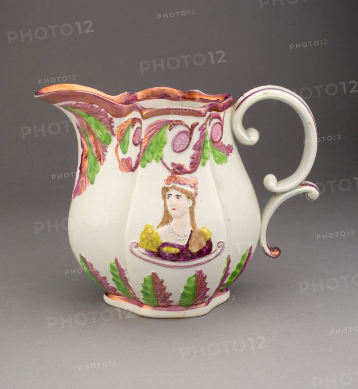 Pitcher with Images of Prince Leopold and Princess Charlotte, 1810/20, England, Staffordshire, Staffordshire, Lead-glazed earthenware with lustre decoration, H. 17.2 cm (6 3/4 in.)