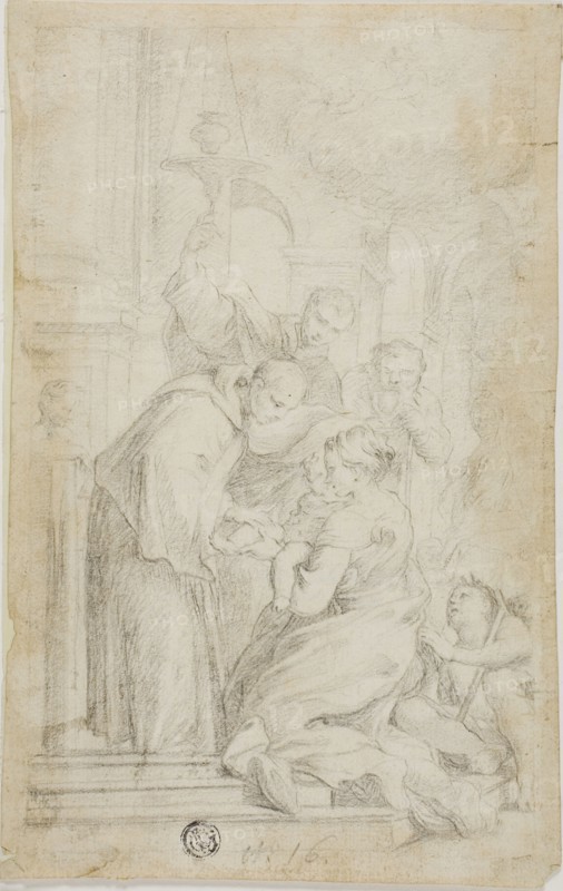 Saint Blessing of Healing Child, n.d., After Simone Barabbino (Italian, c. 1585-1664), style of Ercole Graziani, the younger (Italian, 1688-1765), Italy, Black chalk on ivory laid paper, 229 x 145 mm