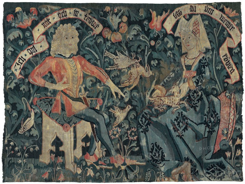 The Lovers, 1490/1500, Basel (present-day Switzerland), Basel, Hemp, wool and silk, slit and double interlocking tapestry weave, 105.3 × 78.9 cm (41 1/2 × 31 1/8 in.)