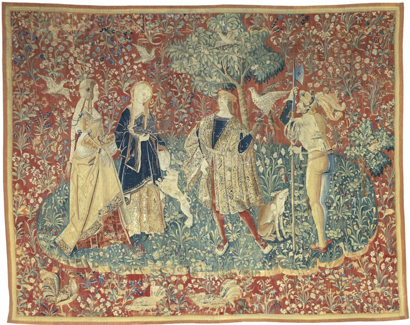 A Falconer with Two Ladies and a Foot Soldier, c. 1500, France or Flanders, possibly Paris or Bruges, Bruges, Wool and silk, slit and double interlocking tapestry weave, 362.7 × 285.8 cm (142 7/8 × 112 1/2 in.)
