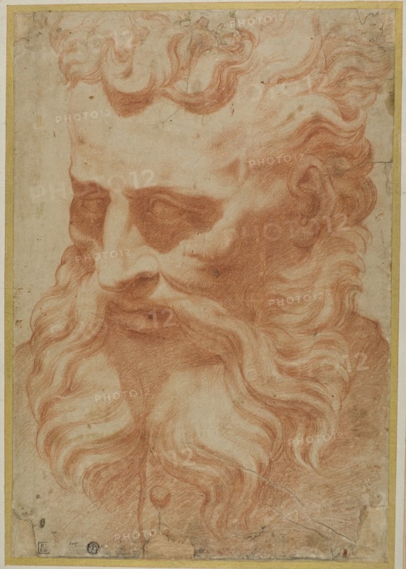 Head of God the Father, n.d., Attributed to Daniele Ricciarelli, called Daniele da Volterra, Italian, 1509-1566, Italy, Red chalk on ivory laid paper, laid down on board, 419 x 290 mm