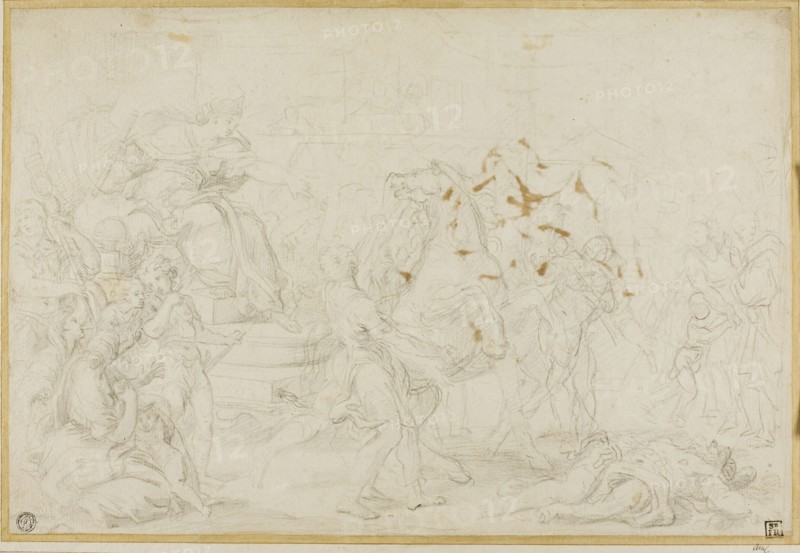 Study, c. 1686, Attributed to Giuseppe Bartolomeo Chiari (Italian, 1654-1727), or possibly Giacinto Calandrucci (Italian, 1646-1707), or possibly Pietro da Cortona (Italian, 1596-1669), Italy, Black chalk, on ivory laid paper, laid down on cream wove paper, 275 × 409 mm
