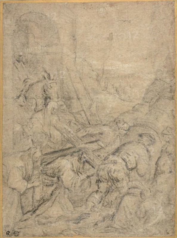 Road to Cavalry, c. 1585, Leandro Bassano, Italian, 1557-1622, Italy, Black chalk and charcoal heightened with white chalk, on tan laid paper, laid down on cream wove board, 422 × 309 mm