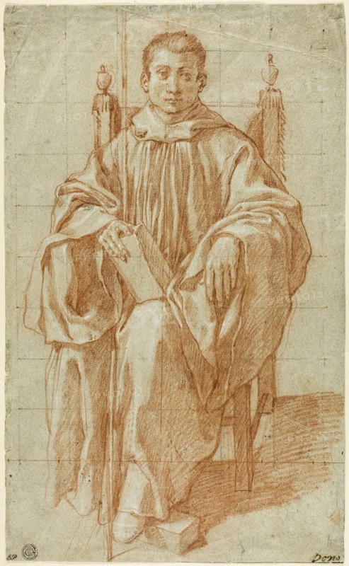 Seated Youth Wearing a Monk’s Habit: Study for Saint Benedict, 1590, Bartolomeo Cesi, Italian, 1556-1629, Italy, Red chalk, heightened with touches of white chalk, on blue laid paper, squared in black and red chalk, 352 × 214 mm
