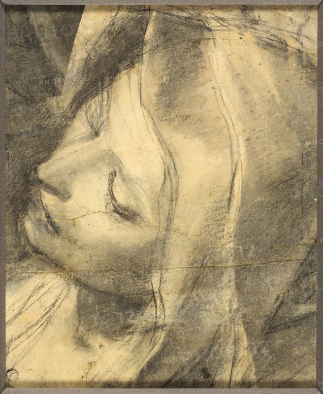 Head of the Swooning Virgin: Study for the Deposition (recot) Base of Column (verso), 1568/69, Federico Barocci, Italian, c. 1535-1612, Italy, Black chalk and charcoal, with stumping and traces of white chalk, on tan laid paper, pieced and incised, 294 x 239 mm