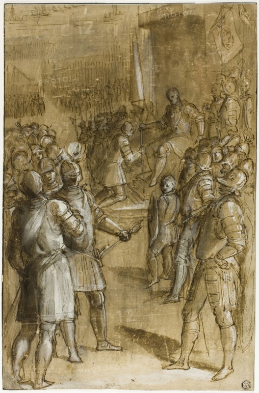 Study for Cosimo I Reorganizing the Tuscan Troops, 1589, Ludovico Buti, Italian, c. 1550-1611, Italy, Pen and brown ink with brush and brown wash, heightened with lead white, over traces of black chalk, on tan laid paper, laid down on ivory laid paper, 415 × 271 mm