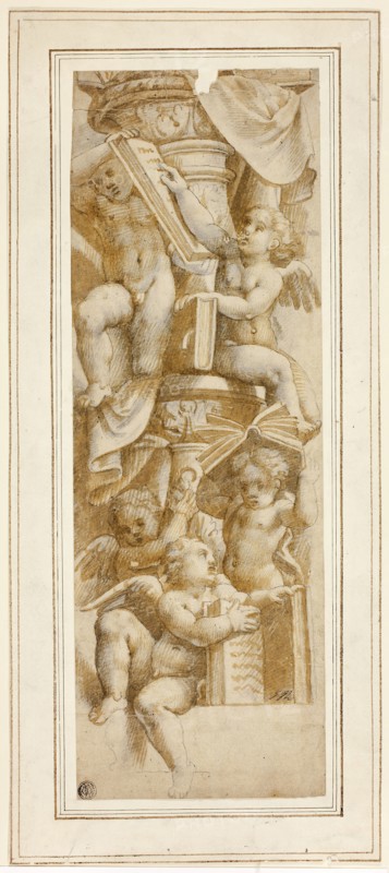 Five Putti with Books, c. 1543, After Bernardino Gatti, called Il Sojaro, Italian, c. 1495-1575, Italy, Brush and brown wash, with black chalk, on cream laid paper, tipped onto ivory laid paper, 404 × 138 mm