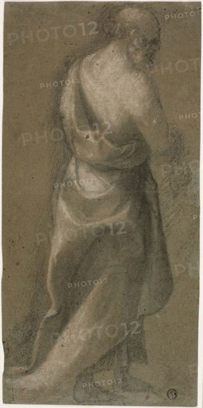 Standing Draped Male Figure in Three-quarters Profile (recto), Putto (verso), 1540/50, Follower of Baccio della Porta, called Fra Bartolommeo, Italian, 1472-1517, Italy, Black and white chalk (recto) and black chalk (verso), on blue-brown laid paper, 359 x 175 mm
