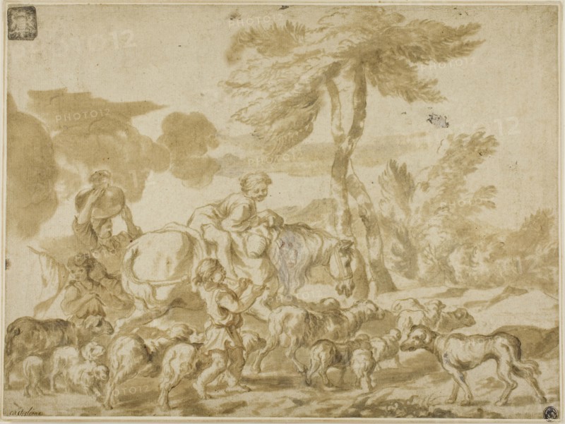 Peasant Family with Sheep and Dog, n.d., Unknown Italian artist, after Giovanni Benedetto Castiglione (Italian, 1609-1664), Italy, Pen and brush and brown ink, with touches of white gouache and red wash, over black chalk, on ivory laid paper, laid down on ivory laid paper, 281 × 376 mm