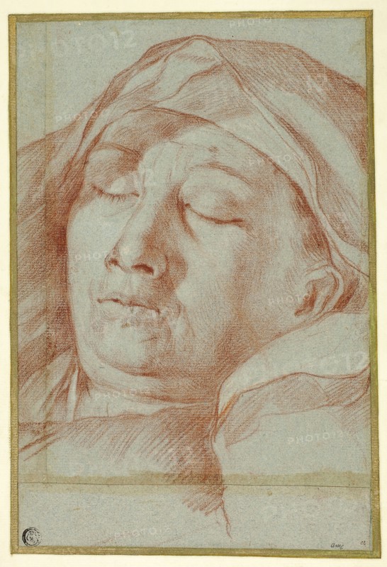 Head of a Sleeping Man, n.d., Attributed to Giovanni Battista Salvi (Italian, 1609-1685), or Ottavio Mario Leoni (Italian, 1578-1630), or Carlo Maratti (Italian, 1625-1713), Italy, Red chalk, heightened with touches of white chalk, on blue laid paper, pieced and laid down on ivory laid paper, 285 x 189 mm