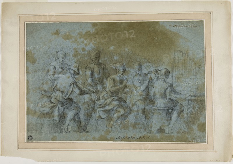 Concert Scene, n.d., Florentine or North Italian, Late 16th Century, Italy, Black chalk heightened with touches of white chalk, on blue laid paper, tipped onto cream wove paper, 256 × 374 mm (max.)