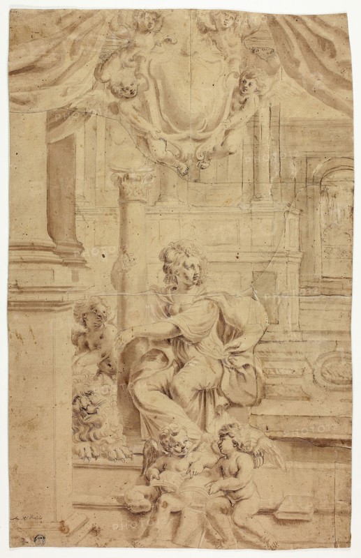 Allegorical Figure of Fortitude, with Coat of Arms Above, n.d., Attributed to Giovanni Battista Coriolano, Italian, before 1596-1649, Italy, Pen and brown ink, with brush and brown wash, over black chalk, with incising, on tan laid paper, pieced and laid down on ivory laid paper, 474 × 301 mm