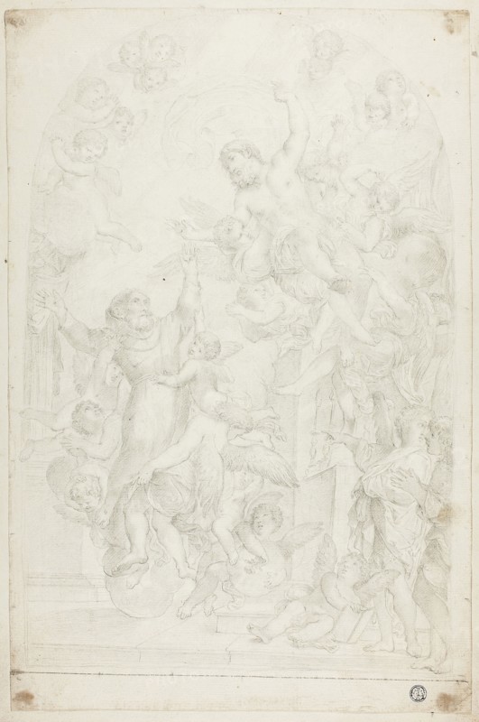 Christ Appearing to Monastic Saint in Ecstasy, n.d., Follower of Carlo Maratti, Italian, 1625-1713, Italy, Black chalk on ivory laid paper, laid down on card, 430 × 280 mm