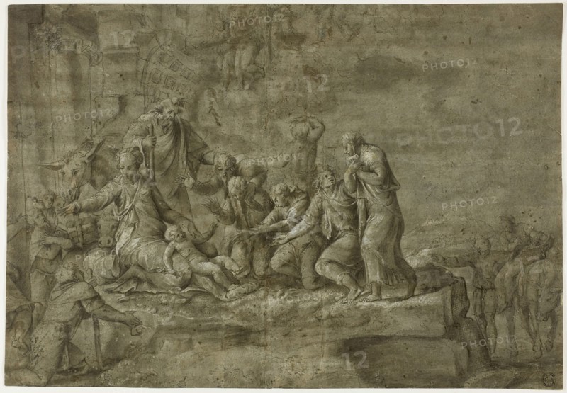 Adoration of the Shepherds, n.d., After Polidoro Caldara, called Polidoro da Caravaggio, Italian, c. 1499-c. 1543, Italy, Pen and brown ink with brush and brown wash, heightened with lead white, on blue laid paper, laid down on ivory laid paper, 286 × 412 mm