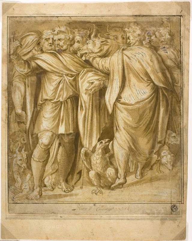 Sacrificial Scene, n.d., After Polidoro Caldara, called Polidoro da Caravaggio, Italian, c. 1499-c. 1543, Italy, Pen and brown ink with brush and brown wash, heightened with lead white (partly oxidized), on ivory laid paper, 270 x 236 mm