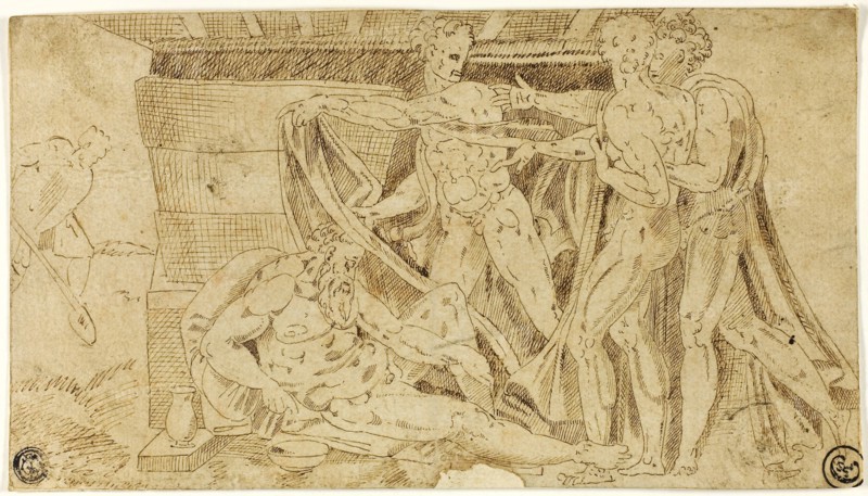 Drunkenness of Noah, n.d., After Michelangelo Buonarroti, Italian, 1475-1564, Italy, Pen and brown ink, on tan laid paper, laid down on ivory laid paper, 135 x 241 mm
