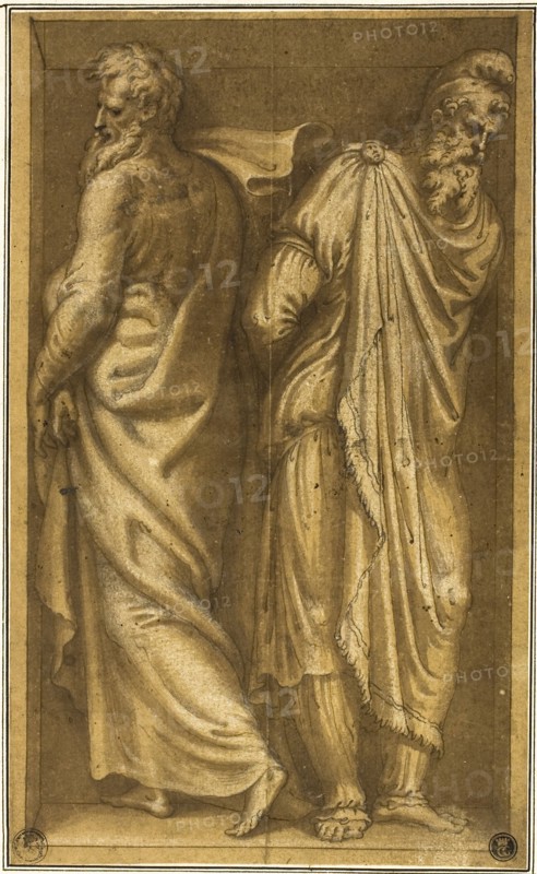 Two Standing Prisoners in a Niche, c. 1549, Bernardino Campi, Italian, 1521-1591, Italy, Pen and brown ink with brush and brown wash, heightened with white gouache, on tan laid paper, laid down on ivory laid card, 247 x 150 mm