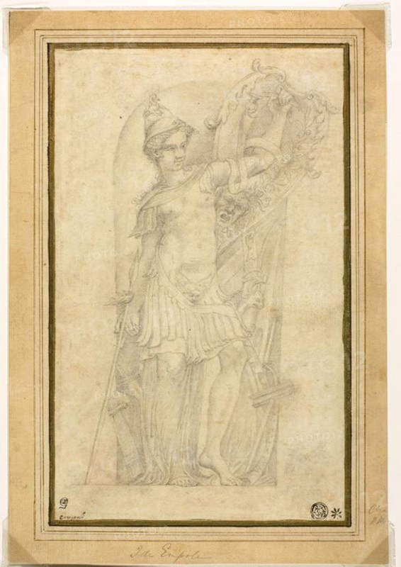 Minerva (or Bellona) in a Niche, n.d., after Francesco Mazzola, called Parmigianino, Italian, 1503-1540, Italy, Black chalk on ivory laid paper, laid down on ivory laid paper, 280 x 172 mm