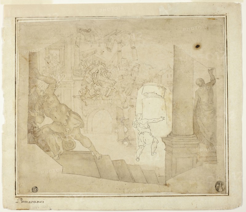 Death of Samson, n.d., probably Italian, Late 16th Century, Italy, Pen and brown ink with brush and brown wash, over black chalk, on ivory laid paper, laid down on ivory laid paper, 286 x 339 mm