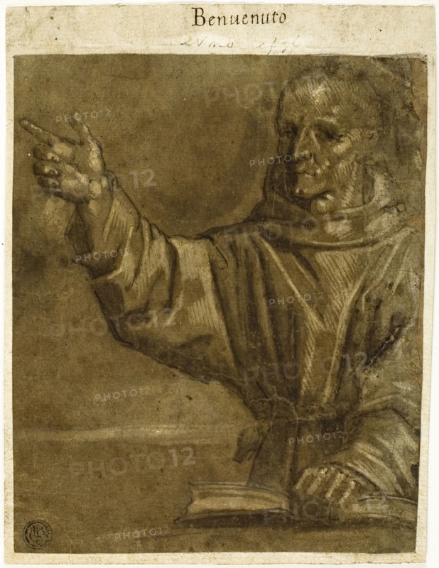 Saint Bernardino of Siena Preaching from an Open Book, 1570/90, Italian, Sienese, Late 16th century, Siena, Pen and brown ink with brush and brown wash, heightened with lead white (partially oxidized), on blue-gray laid paper, laid down on brown laid paper, 175 x 144 mm