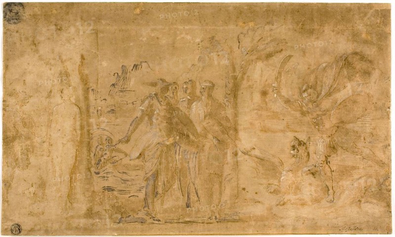 Study for Perseus Liberating Andromeda, n.d., Pietro Buonaccorsi, called Perino del Vaga, after, Italian, 1501-1547, Italy, Pen and brown ink, with brush and brown wash, heightened with lead white (oxidized), on tan laid paper, laid down on ivory laid paper, 209 x 350 mm