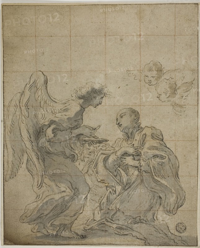 Communion of Saint Stanislaus Kostka, n.d., Circle of Gian Lorenzo Bernini (Italian, 1598-1680), or possibly after Giovanni Battista Gaulli (Italian, 1639-1709), or attributed to Giovanni Paolo Schor (Austrian, 1615-1674), Italy, Pen and black and brown ink, with brush and gray wash, squared in red chalk, on tan laid paper, laid down on cream laid paper, 227 x 185 mm
