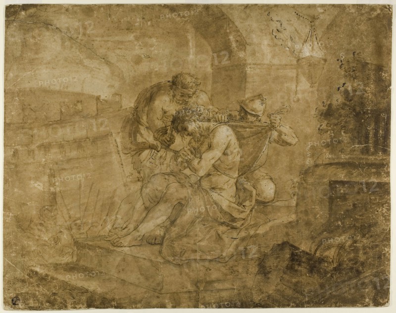 Christ Stripped of His Garments, n.d., Lorenzo Garbieri, Italian, 1580-1654, Italy, Pen and brown ink, with brush and brown wash, with black chalk, heightened with lead white (partly discolored), on tan laid paper, laid down on gray wove paper, 358 x 453 mm
