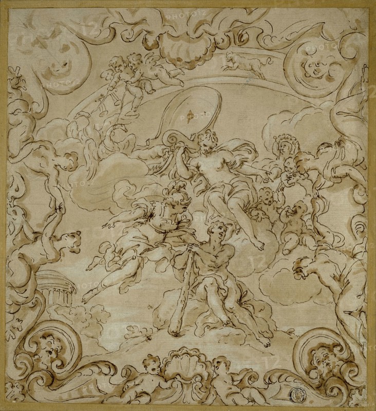 Hercules at the Crossroads, n.d., Niccolò Berrettoni (Italian, 1637-1682), possibly after Pietro Dandini (Italian, 1646-1712), Italy, Pen and brown ink, with brush and brown wash, heightened with lead white (oxidized), over black chalk, on tan laid paper, laid down on tan wove paper, 233 x 211 mm