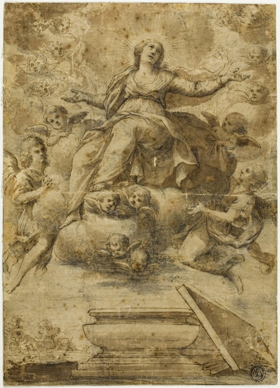 Assumption of the Virgin, n.d., School of Carlo Maratti, Italian, 1612-1666, Italy, Pen and brown ink, with brush and brown wash and black chalk, on ivory laid paper, laid down on ivory laid paper, 245 x 175 mm