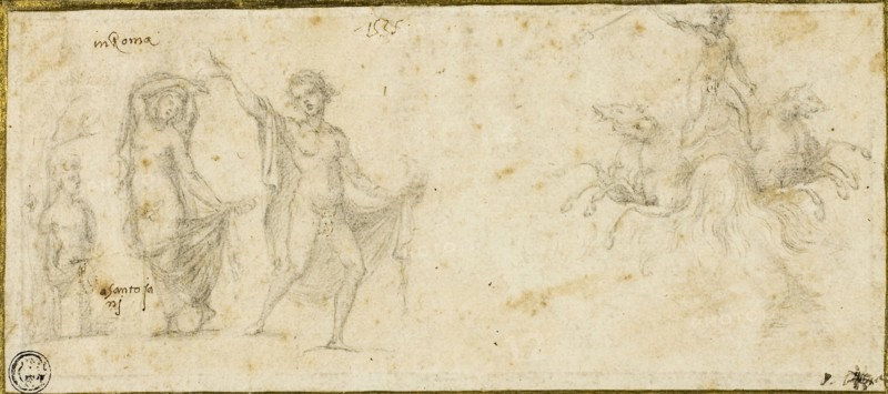 Sketches after the Antique: Bacchic Revels, Neptune in His Chariot, c. 1535, Pirro Ligorio, Italian, c. 1513-1583, Italy, Black chalk, with pen and brown ink, on ivory laid paper, laid down on cream laid paper, 93 x 212 mm