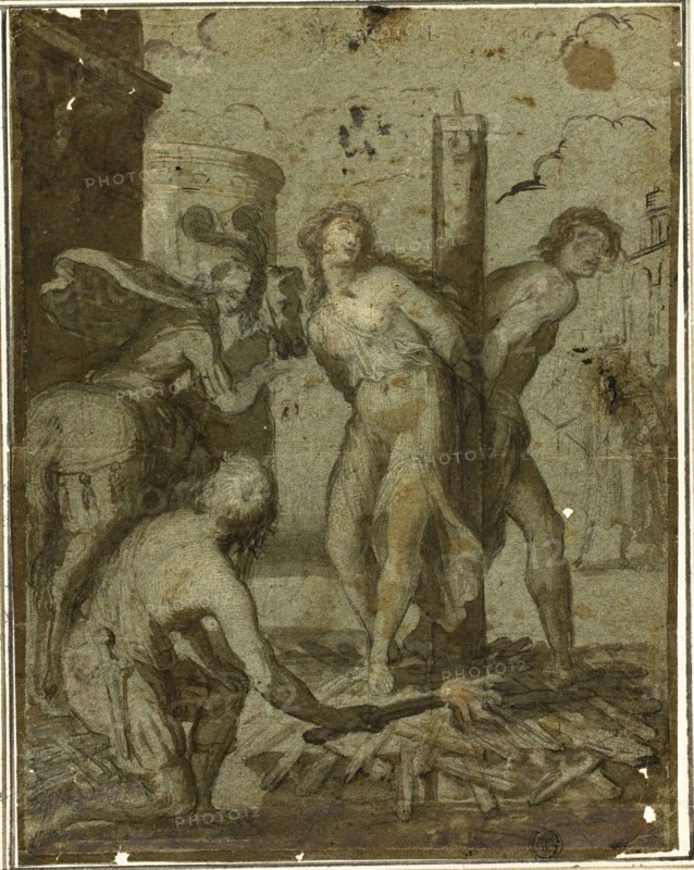 Linda and Sophronia Freed by Clorinda, n.d., Attributed to Elisabetta Sirani, Italian, 1638-1665, Italy, Brush and brown wash, heightened with lead white (partially oxidized) and pink gouache, over black chalk, on blue laid paper, laid down on ivory laid paper, 262 x 205 mm