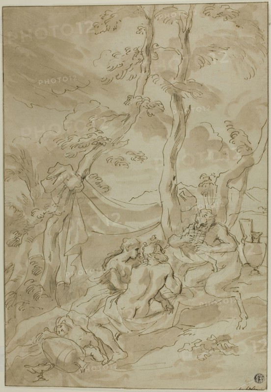 Bacchanale, with Satyr Playing Reeds, n.d., Circle of Bartolomeo Biscaino (Italian, 1632-1657), or Pietro Testa (Italian, 1611/12-1650), Italy, Pen and brown ink, with brush and brown wash, over graphite, on ivory laid paper, laid down on buff laid paper, 392 x 265 mm