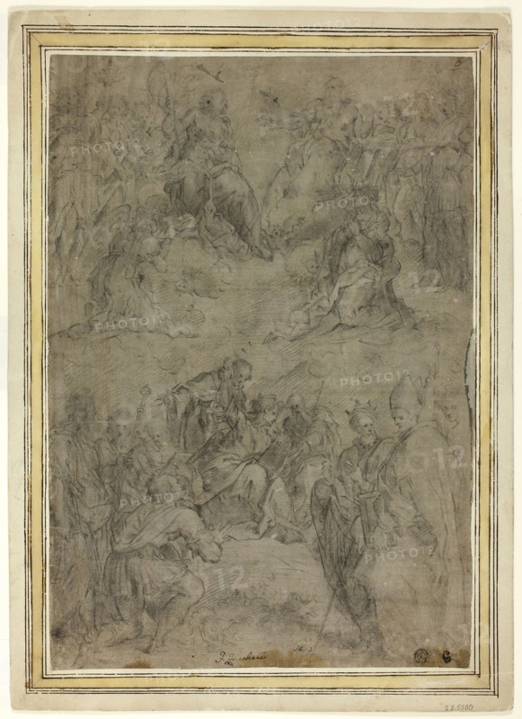Trinity with the Virgin, and Ten Saints, c. 1565, Tommaso Manzuoli, called Maso da San Friano, Italian, 1531-1571, Italy, Black chalk, heightened with touches of white chalk, on greenish gray prepared laid paper, laid down on ivory laid card, 398 x 275 mm