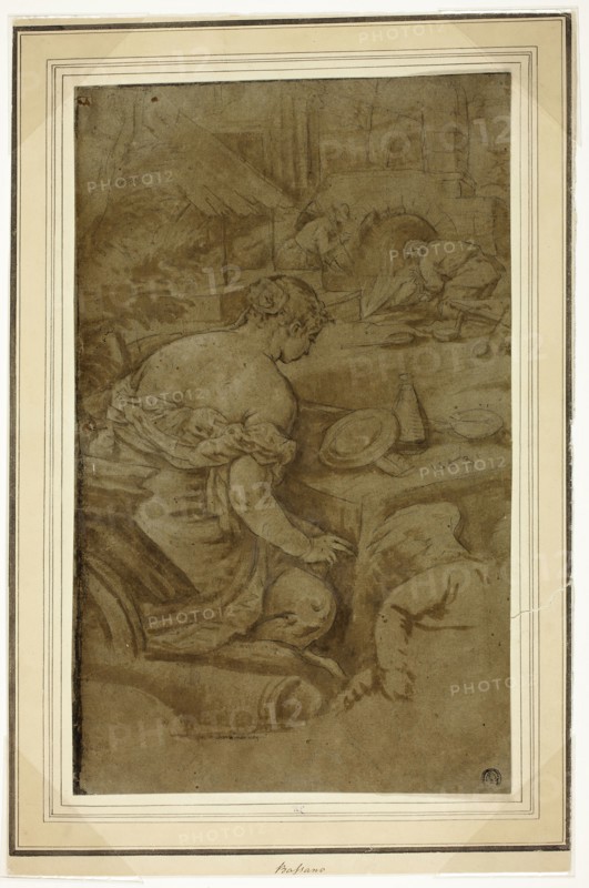 Allegory of Fire (Venus in the Forge of Vulcan), n.d., After Jacopo Bassano, Italian, c. 1510-1592, Italy, Black chalk with brush and brown wash, on blue laid paper (discolored to brownish green), laid down on cream wove card, 376 x 228 mm