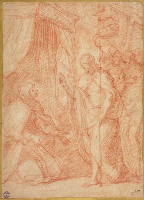 Resurrected Christ Appearing to His Mother, n.d., Attributed to Cesare Dandini (Italian, c. 1595-1658), or Ottavio Vannini (Italian, 1585-1643), or Camillo Procaccini (Italian, c. 1551-1629), Italy, Red chalk on buff laid paper, laid down on ivory laid card, 295 x 212 mm