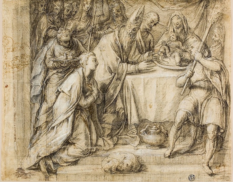Circumcision of the Christ Child (recto), Marriage of the Virgin (verso), c. 1577, Workshop of Paolo Caliari, called Veronese, Italian, 1528-1588, Italy, Black chalk with pen and brown ink, heightened with lead white (partially discolored) (recto), and black chalk (verso), on cream laid paper, recto squared in black chalk, 264 x 334 mm